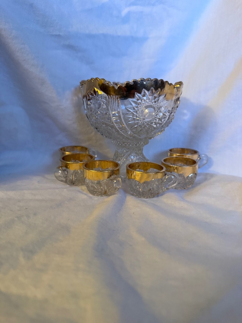 Vintage Cut Glass Punch Bowl Set with Gold Rim – Pedestal Bowl & 6 Cups